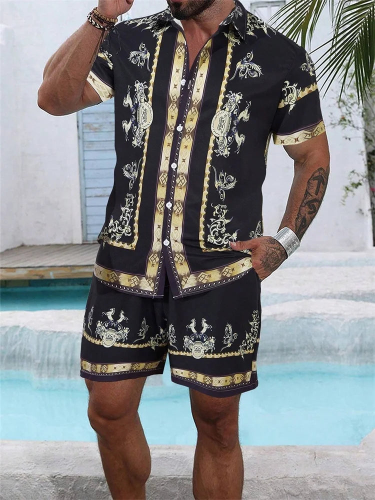 2025 Chemise à manches courtes pour hommes avec motif rétro imprimé bleu pour des vacances d'été décontractées, à la mode et quotidiennes