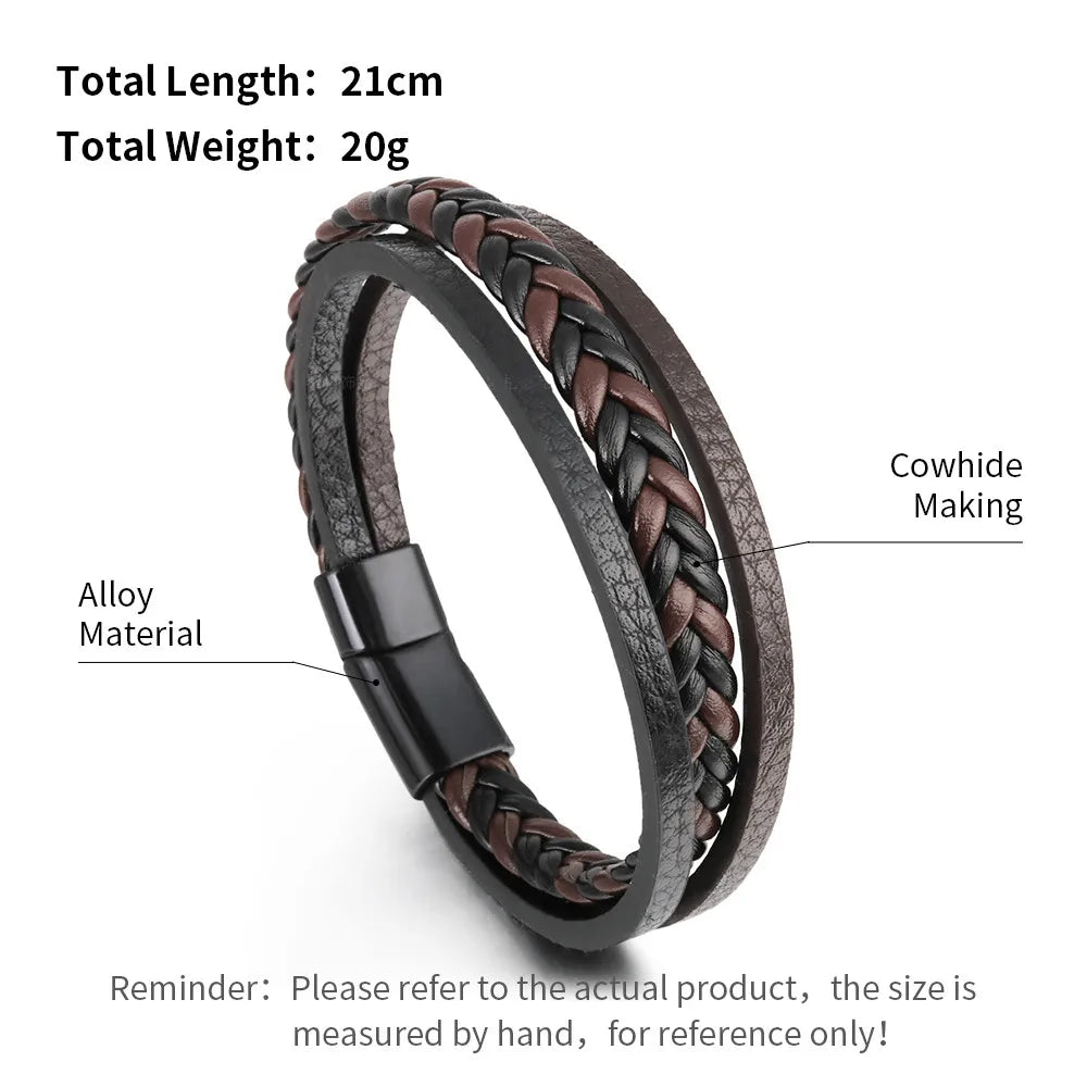 Bracelets en cuir pour hommes, en acier inoxydable, multicouches, en corde tressée, bijoux cadeaux, 21CM