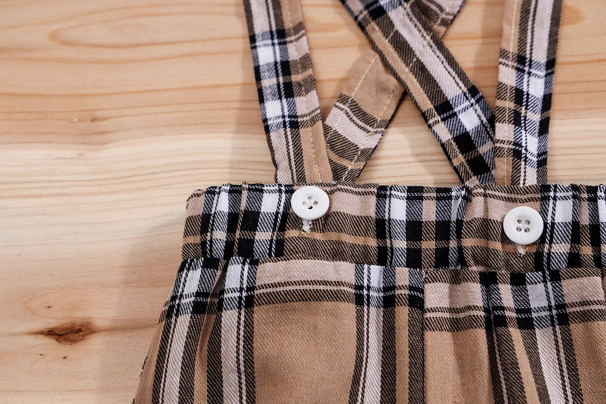 IURNXB – ensemble de vêtements pour bébé, 2 pièces, manches courtes, body ours à carreaux + pantalon à bretelles, tenues pour nouveau-né de 1 à 18 mois