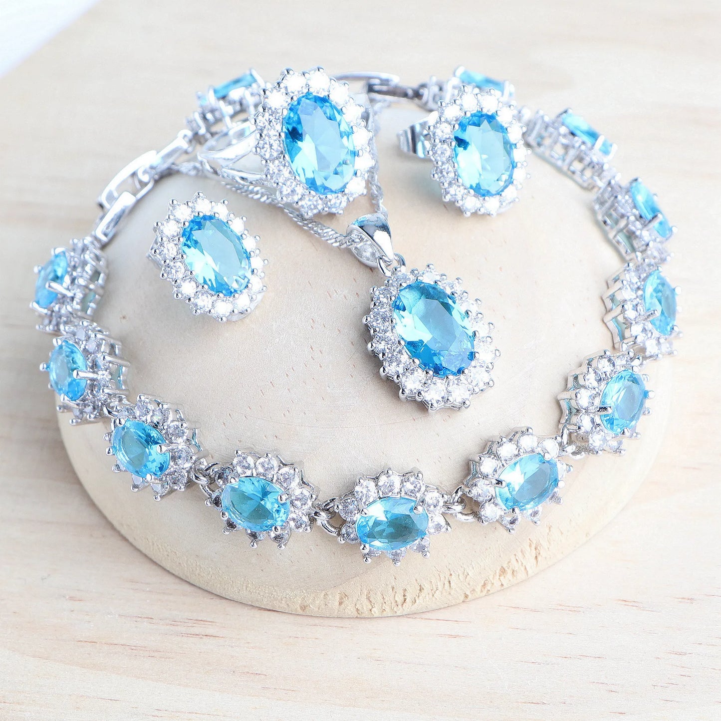 Ensemble de bijoux de mariée en argent 925 pour femmes, Costume en zircone bleue, bijoux fins, collier, boucles d'oreilles, bagues, Bracelets, pendentif