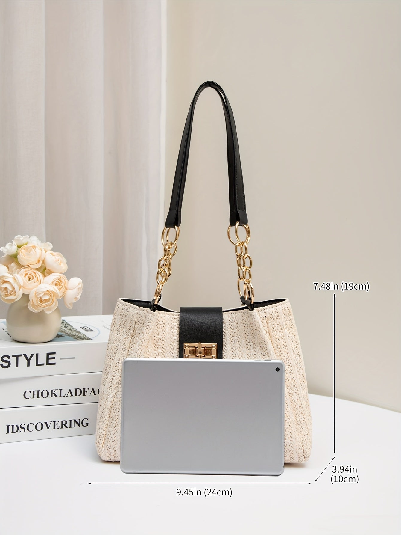 Women'S 2025 New Year Handwoven Straw Tote Bag - Black Accents, Honeycomb Pattern, Adjustable Shoulder Strap, Kiss Lock Closure, Machine Washable, Beach & Casual Style, Casual Tote Bag|Honeycomb Pattern Bag|Durable Handle Bag