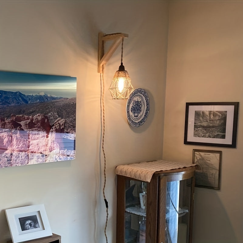 1PC Rustic Farmhouse Wall Lamp with Wood Shelf Bracket - Plug In Wall Sconces with Switch Cord for Living Room, Bedroom - Easy Installation, Space-Saving Design, and Versatile Lighting Solution (Not Include Bulb)