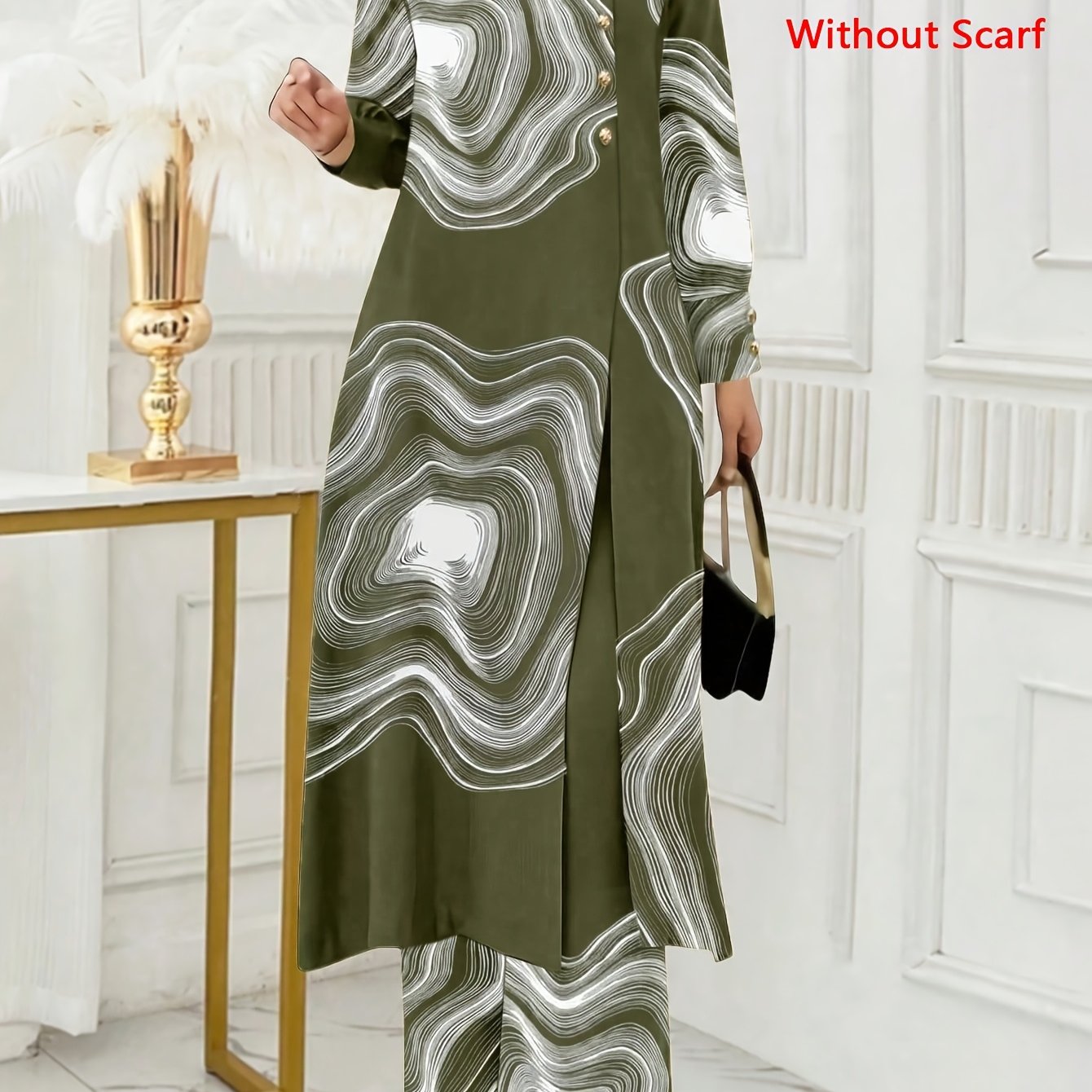 Ramadan, Women Button-Decorated Solid Color Long Sleeve Top & Pants Set, Arabic Style Clothing, Only Clothes, Without Headscarf