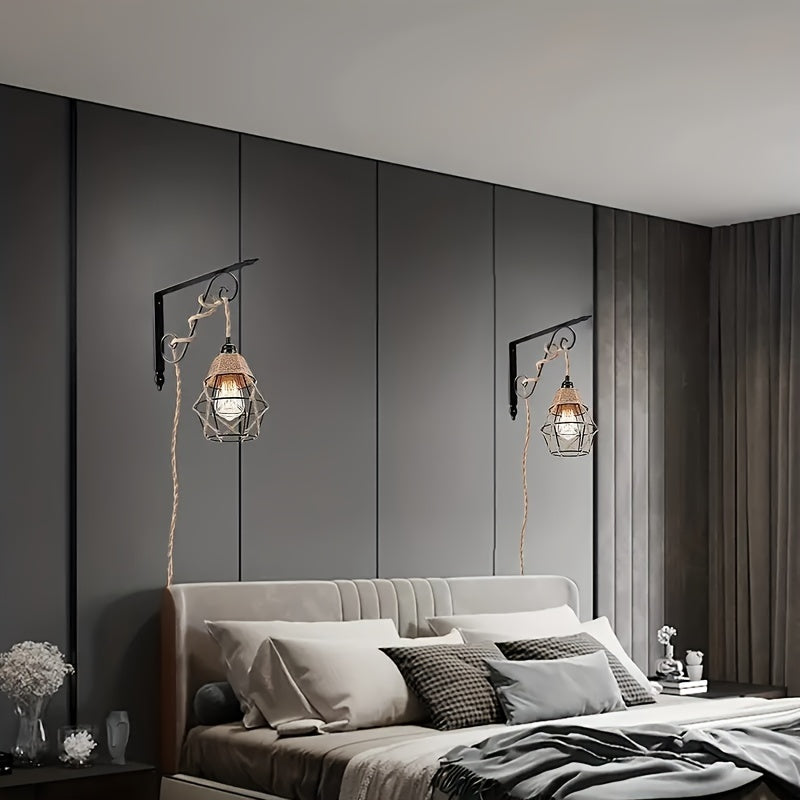 11.5ft Industrial Plug-In Pendant Light with On/Off Switch, Hemp Rope Hanging Lamp for Kitchen Island, Bedroom & Living Room, Metal Shade, Semi-Flush Mount, US Plug, Detachable Chandelier, Living Room Lighting | Natural Hemp
