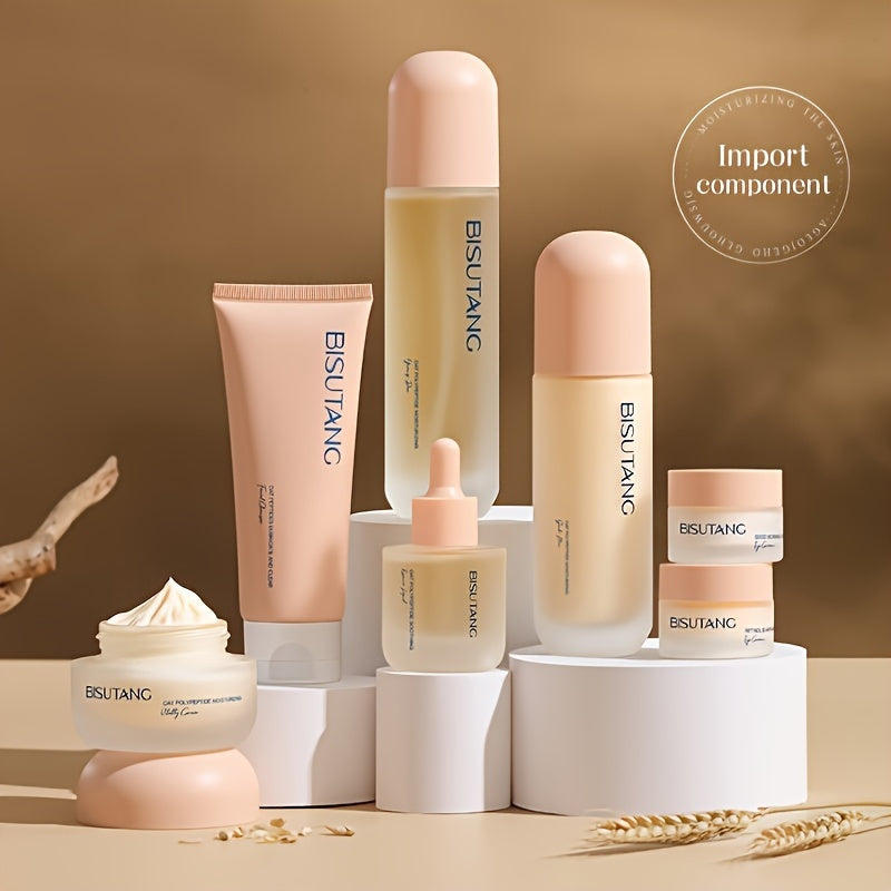 Bisutang Oat Peptide Vitality 7-Piece Skincare Set - Hypoallergenic Face Care Kit with Cleanser, Toner, Serum, Cream, Eye Cream: Nourishing Plant Squalane, Ideal Gift for Women for Mother's Day, Valentine's Day