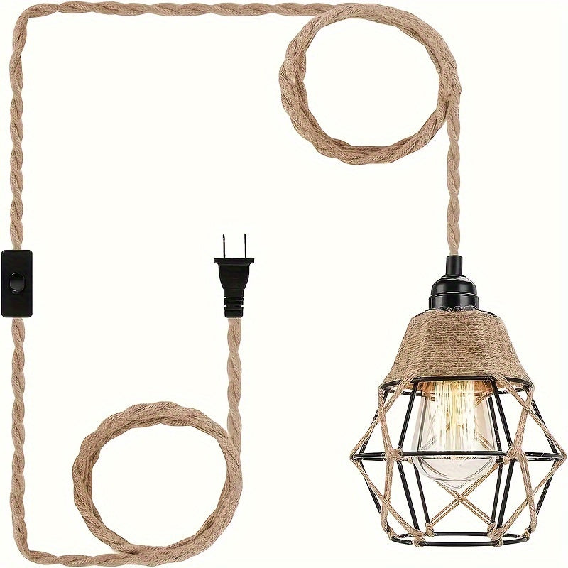 11.5ft Industrial Plug-In Pendant Light with On/Off Switch, Hemp Rope Hanging Lamp for Kitchen Island, Bedroom & Living Room, Metal Shade, Semi-Flush Mount, US Plug, Detachable Chandelier, Living Room Lighting | Natural Hemp
