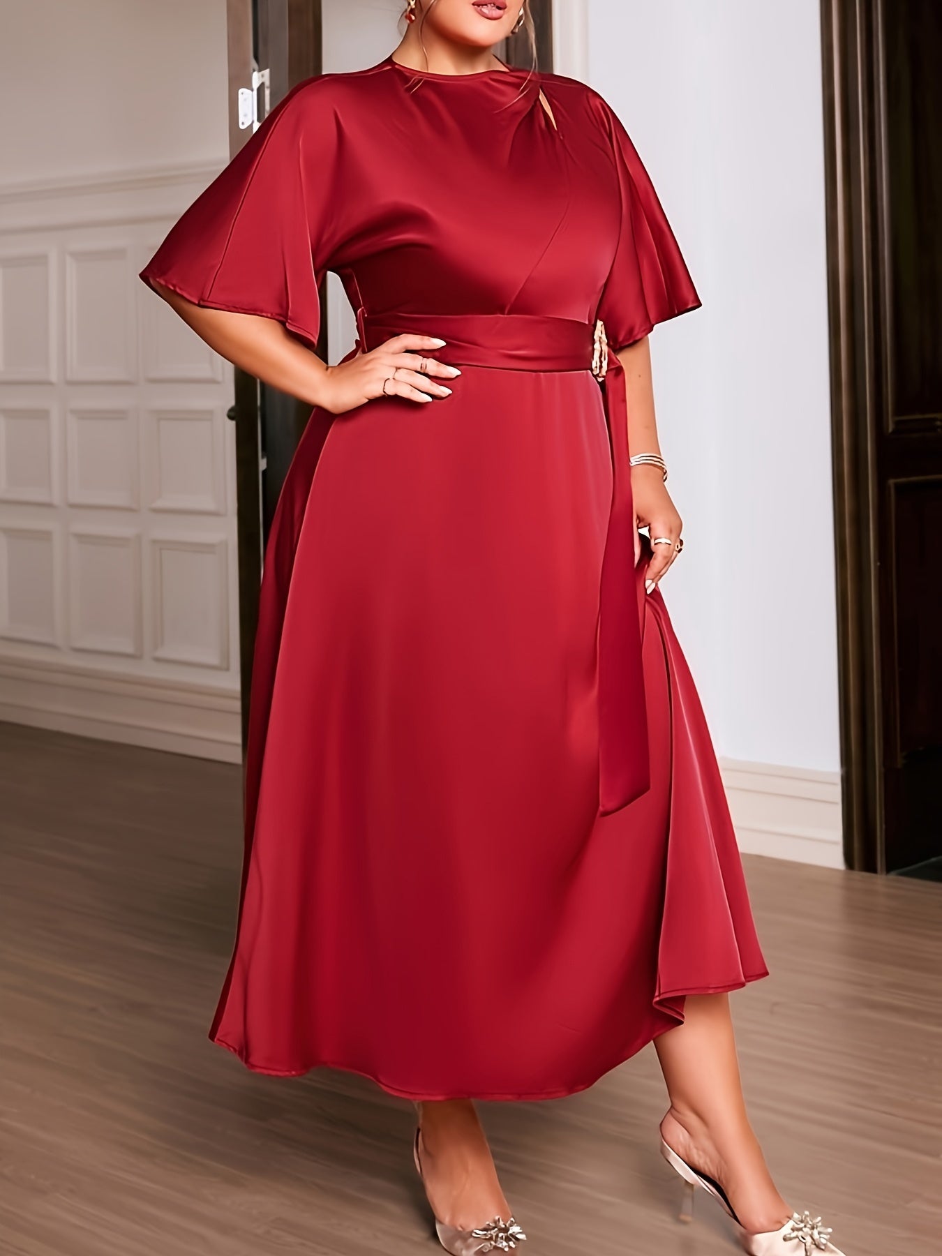 Plus Size Elegant Long Dress, Solid Color Polyester Spandex Blend Crew Neck Short Sleeve Fitted with Belt Detail