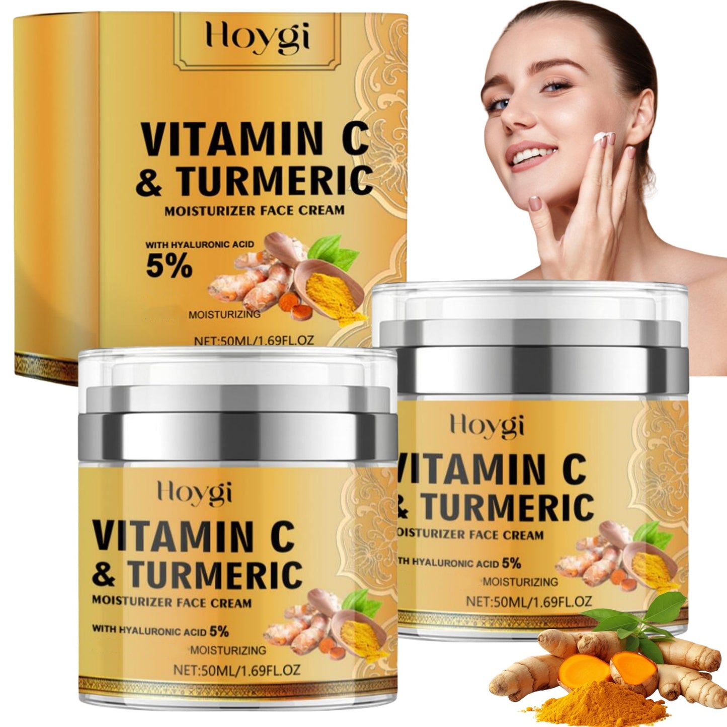 2pcs Turmeric & Vitamin C Face Cream - Deep Hydration Moisturizer with Hyaluronic Acid for Radiant Skin, Suitable for All Skin Types