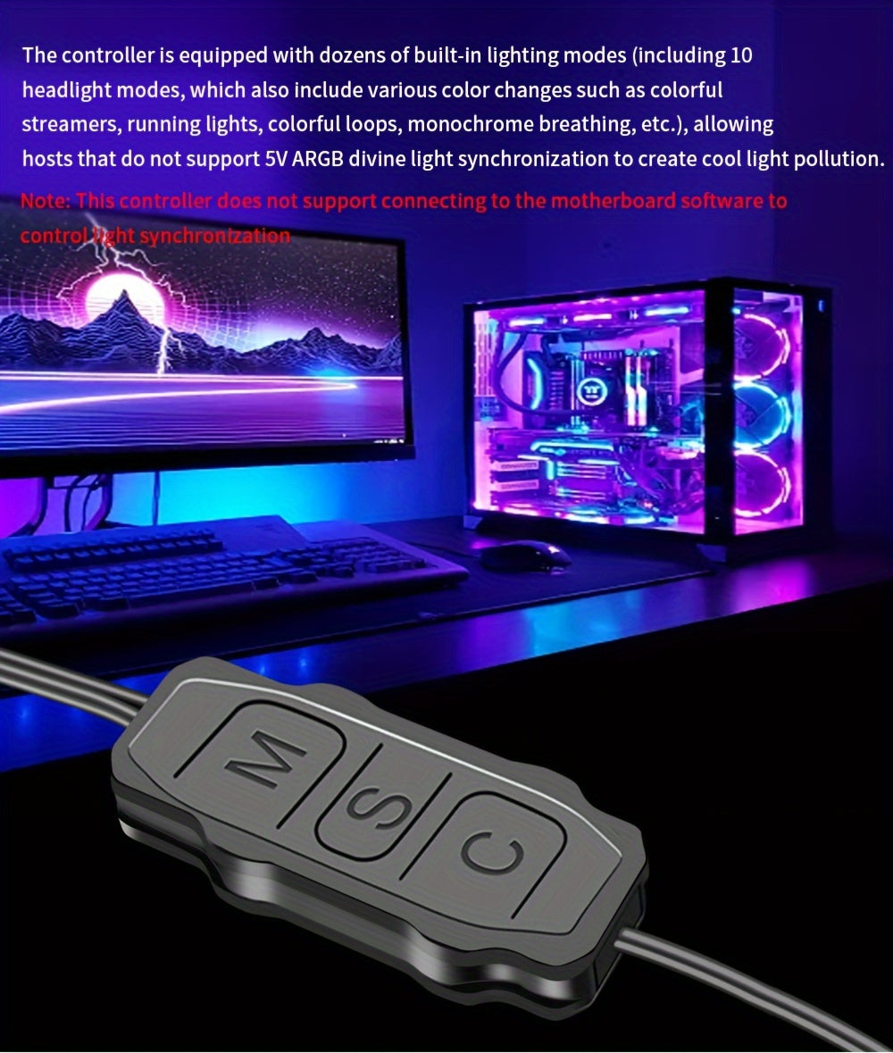 5V 3 Pin ARGB Controller Cable - Advanced RGB Lighting Control, Seamless Sync, Compact Handheld Operation, and Extended Lengthen Cable - Universally Compatible for Customizing Cooling Fan Light Strips