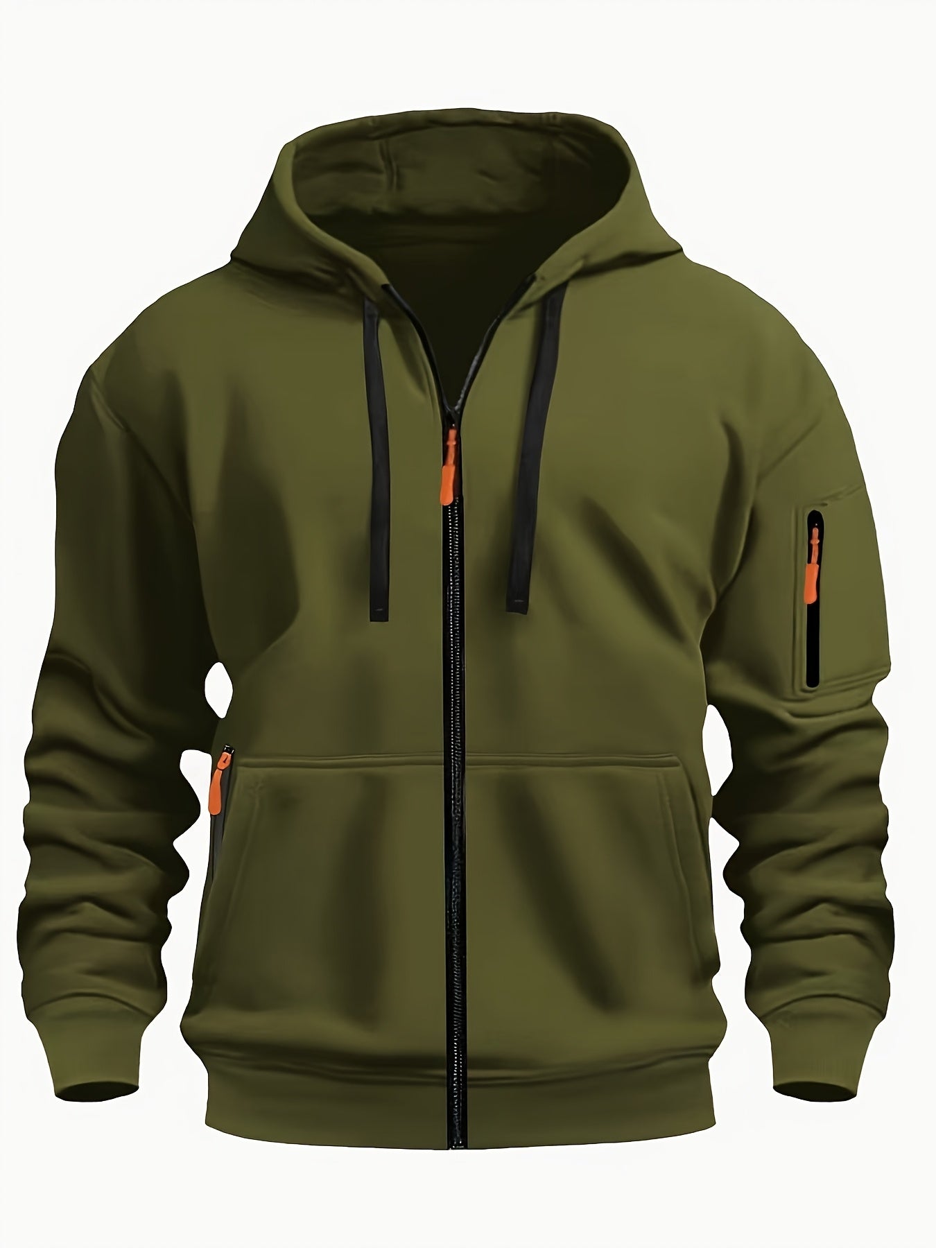 Men's Sporty Zip-Up Hoodie Jacket - Vibrant Orange with Black Zipper Accents, Polyester-Lined Comfort, Machine Washable Regular Fit for Autumn Winter Casual Outdoor Wear, Autumn Apparel
