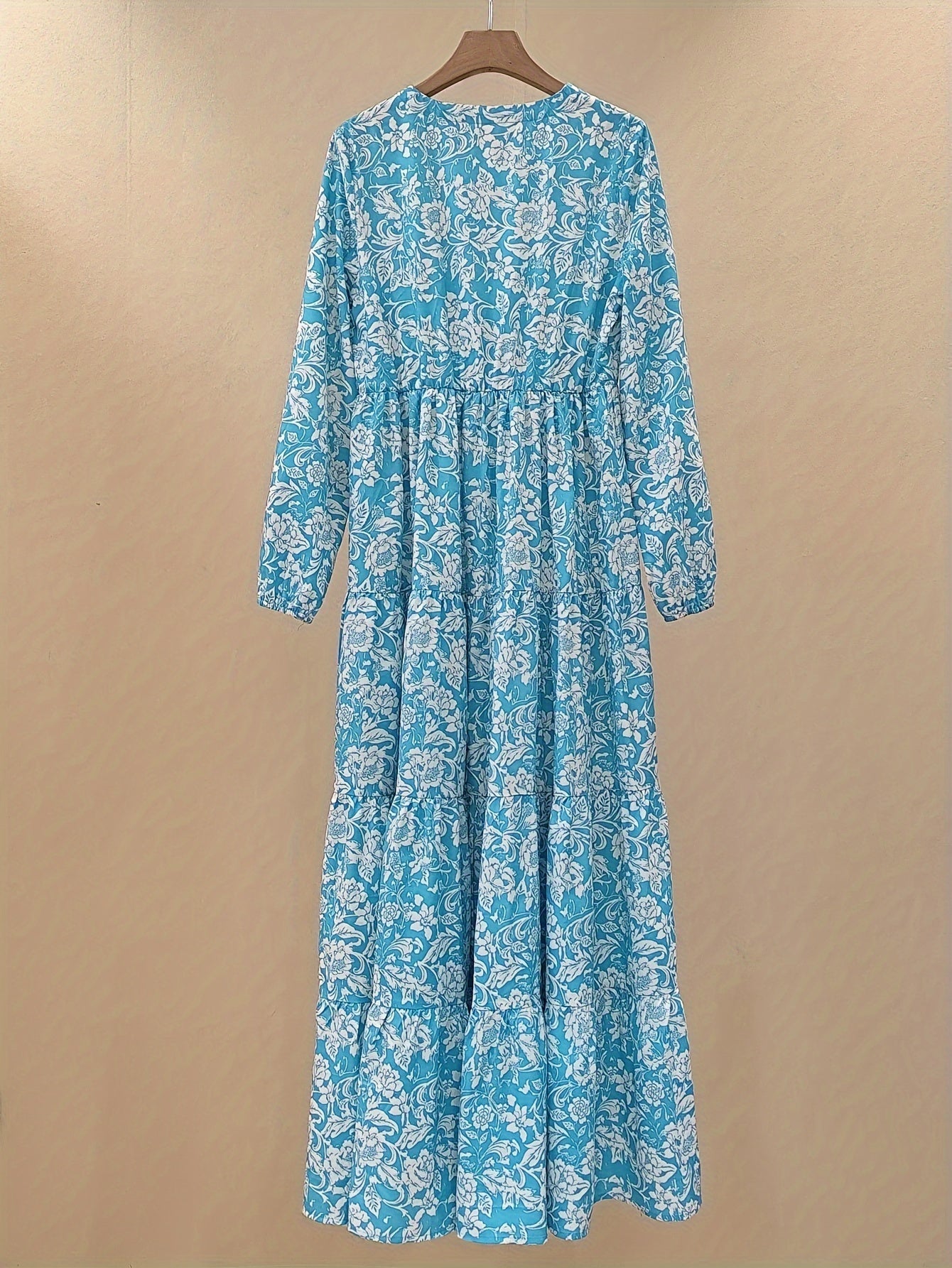 Floral Print Long Dress with Round Neck and Tie Detail - Woven Polyester, Adult Fit, All-Season Straight Dress