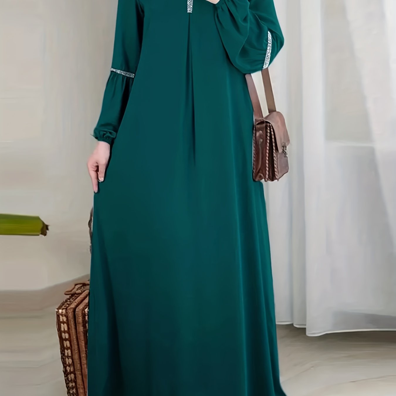 Middle Eastern Solid Color Long Sleeve Muslim Abaya Casual Sequined Dress