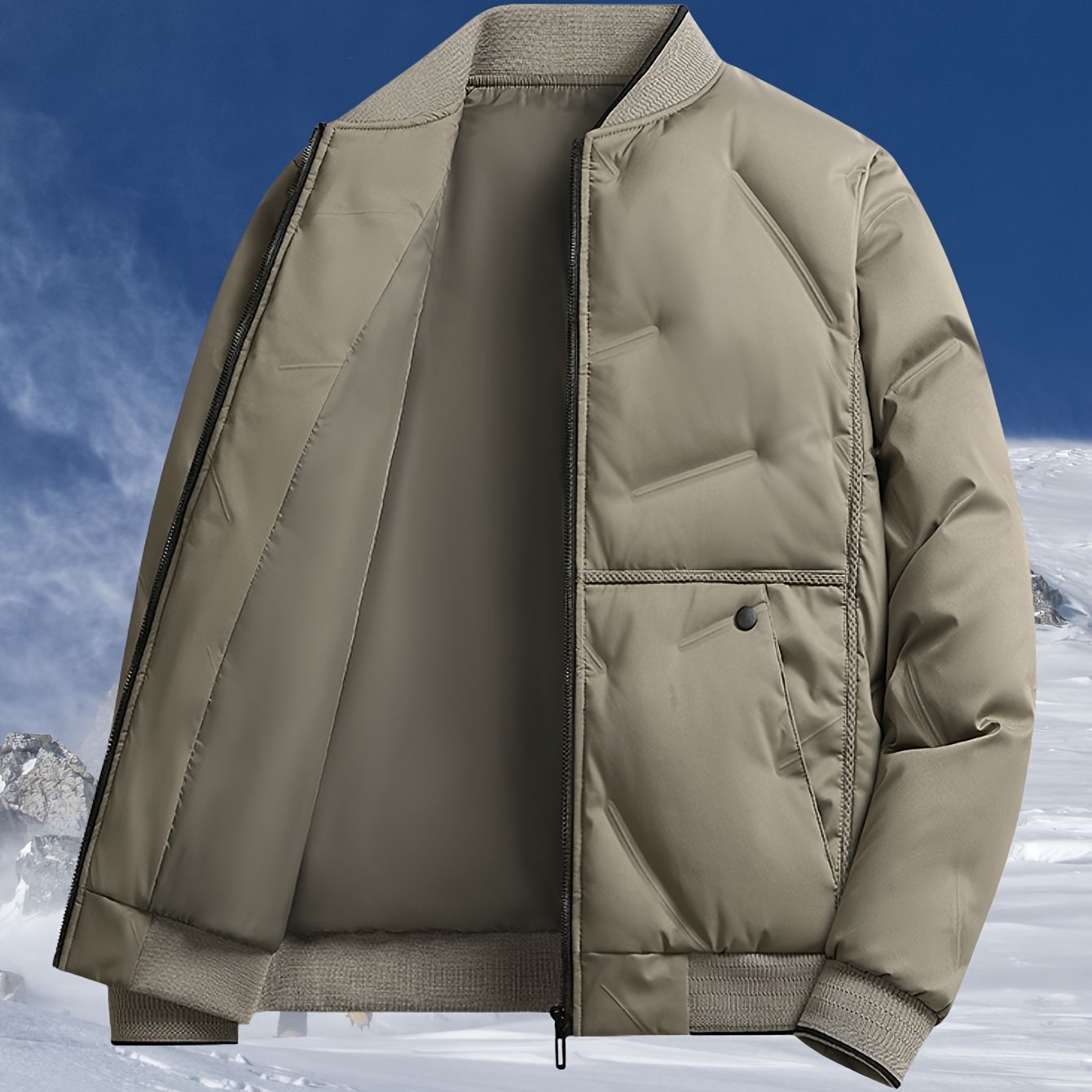 Men'S Heavyweight Thermal Jacket - Winter Coat with Full-Zip Closure, Beige/Neutral Tones - Non-Stretch Fabric for Cold Weather - Formal & Everyday Outerwear - Easy-Care Zipper Front Closure, Winter Jacket, Cold Weather Appar