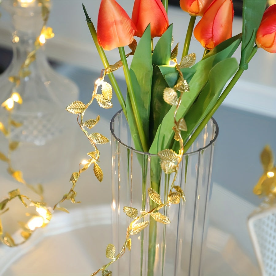1pc Golden Leaf Wrap Copper Wire LED Decorative String Lights - Indoor Home Decor, Bedroom, Wedding, Christmas Holiday Decoration, 1/2/3M Long, Copper Wire, LED Lights, String Lights, Home Decorative Lighting