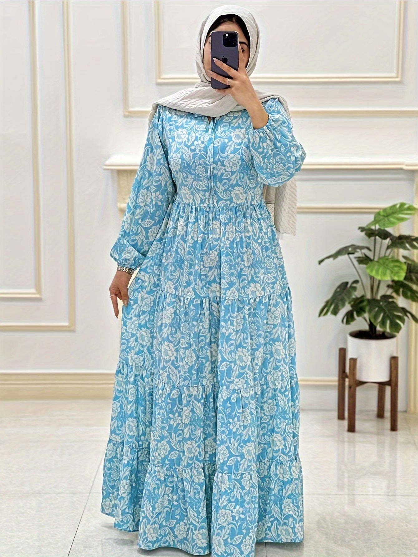 Floral Print Long Dress with Round Neck and Tie Detail - Woven Polyester, Adult Fit, All-Season Straight Dress