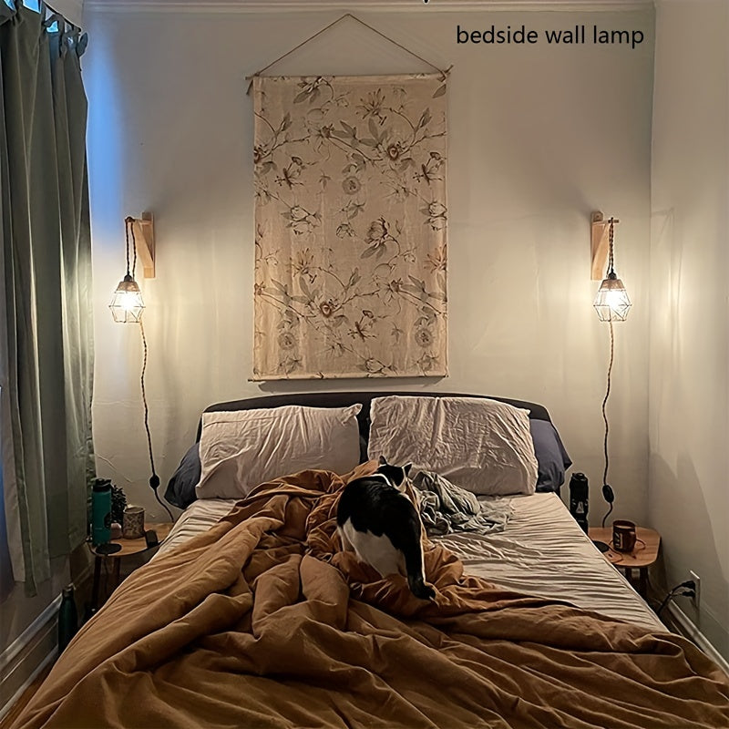 1PC Rustic Farmhouse Wall Lamp with Wood Shelf Bracket - Plug In Wall Sconces with Switch Cord for Living Room, Bedroom - Easy Installation, Space-Saving Design, and Versatile Lighting Solution (Not Include Bulb)