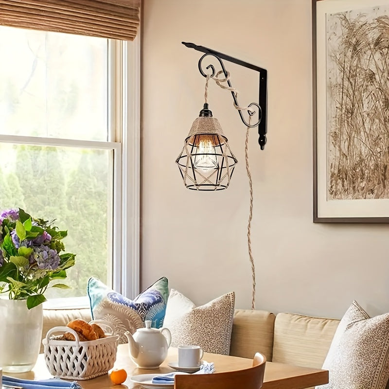11.5ft Industrial Plug-In Pendant Light with On/Off Switch, Hemp Rope Hanging Lamp for Kitchen Island, Bedroom & Living Room, Metal Shade, Semi-Flush Mount, US Plug, Detachable Chandelier, Living Room Lighting | Natural Hemp