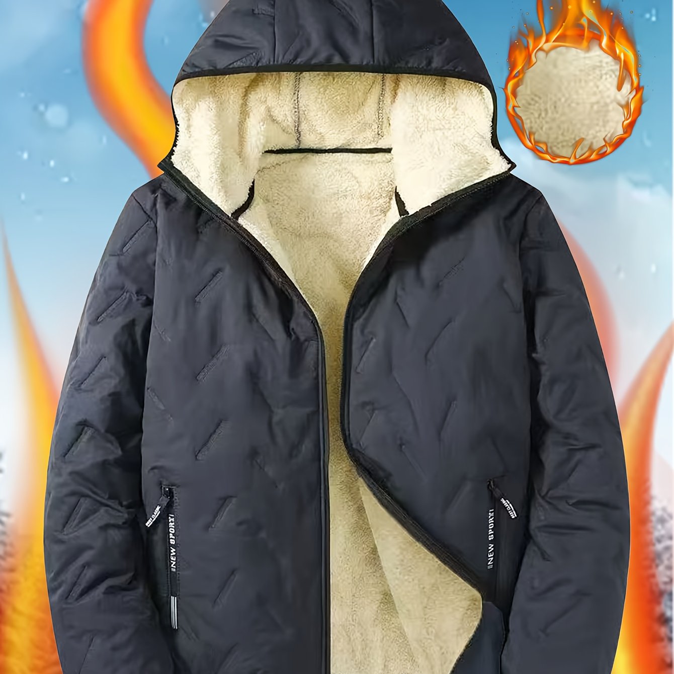 Men'S Winter Warm Fleece-Lined Zip-Up Hooded Jacket with Pockets - Navy Blue & Beige Color Block, Comfortable Polyester Fabric, Ideal for Outdoor Activities, Running, and Casual Wear, Winter Jacket