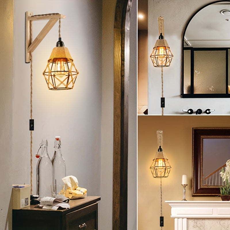 1PC Rustic Farmhouse Wall Lamp with Wood Shelf Bracket - Plug In Wall Sconces with Switch Cord for Living Room, Bedroom - Easy Installation, Space-Saving Design, and Versatile Lighting Solution (Not Include Bulb)