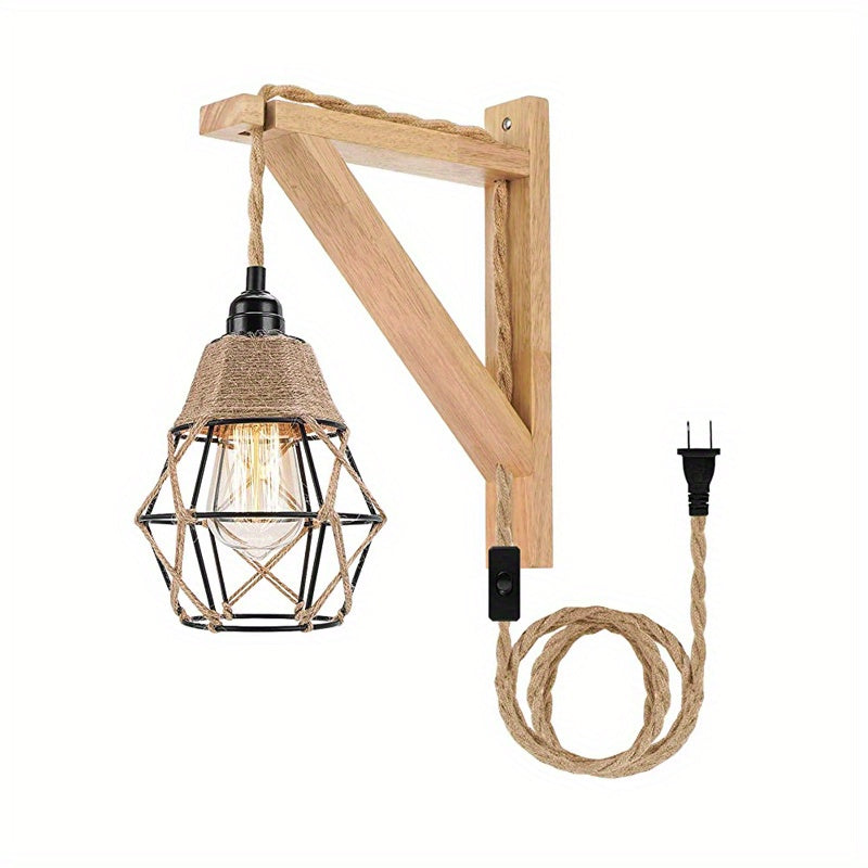 1PC Rustic Farmhouse Wall Lamp with Wood Shelf Bracket - Plug In Wall Sconces with Switch Cord for Living Room, Bedroom - Easy Installation, Space-Saving Design, and Versatile Lighting Solution (Not Include Bulb)