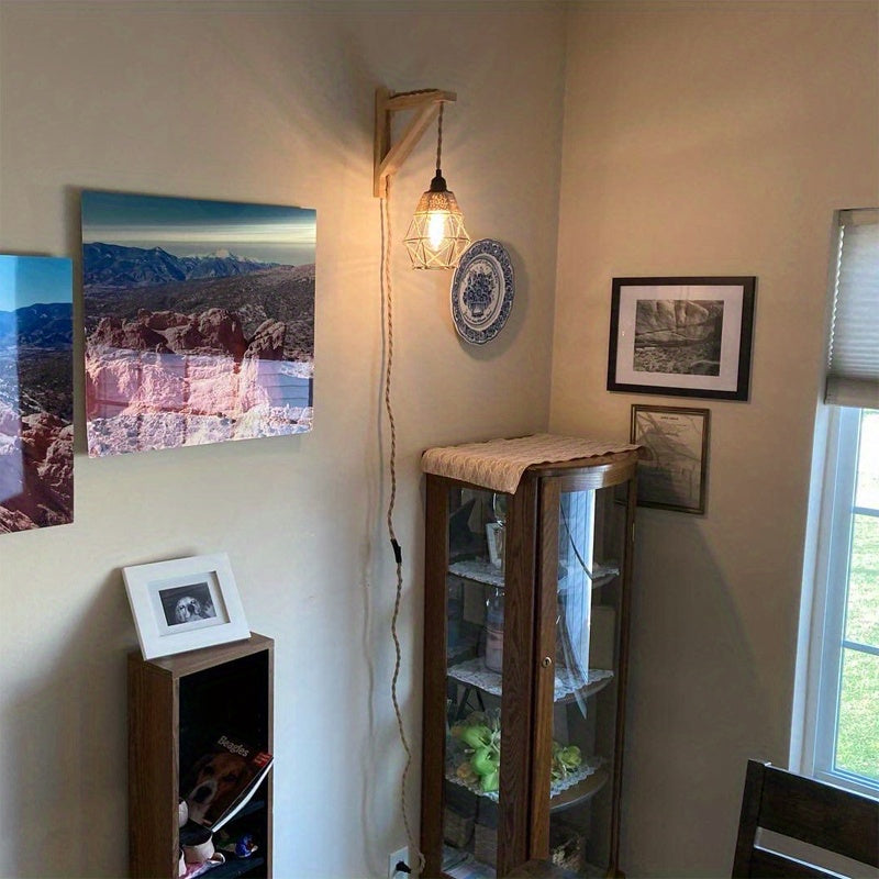1PC Rustic Farmhouse Wall Lamp with Wood Shelf Bracket - Plug In Wall Sconces with Switch Cord for Living Room, Bedroom - Easy Installation, Space-Saving Design, and Versatile Lighting Solution (Not Include Bulb)