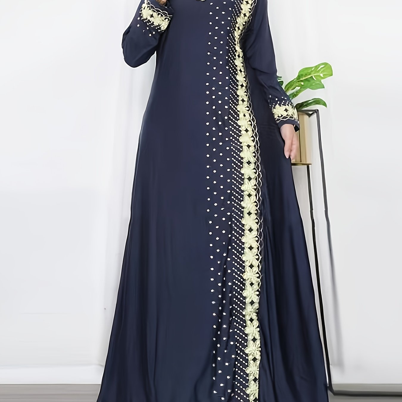 Elegant Women'S Digital Print Kaftan Dress - Navy Blue with Golden Accents, Long Sleeve, Loose Fit, Round Neck, All-Season Wear, Cultural Attire|Elegant Long Dress|Digital Print Dress