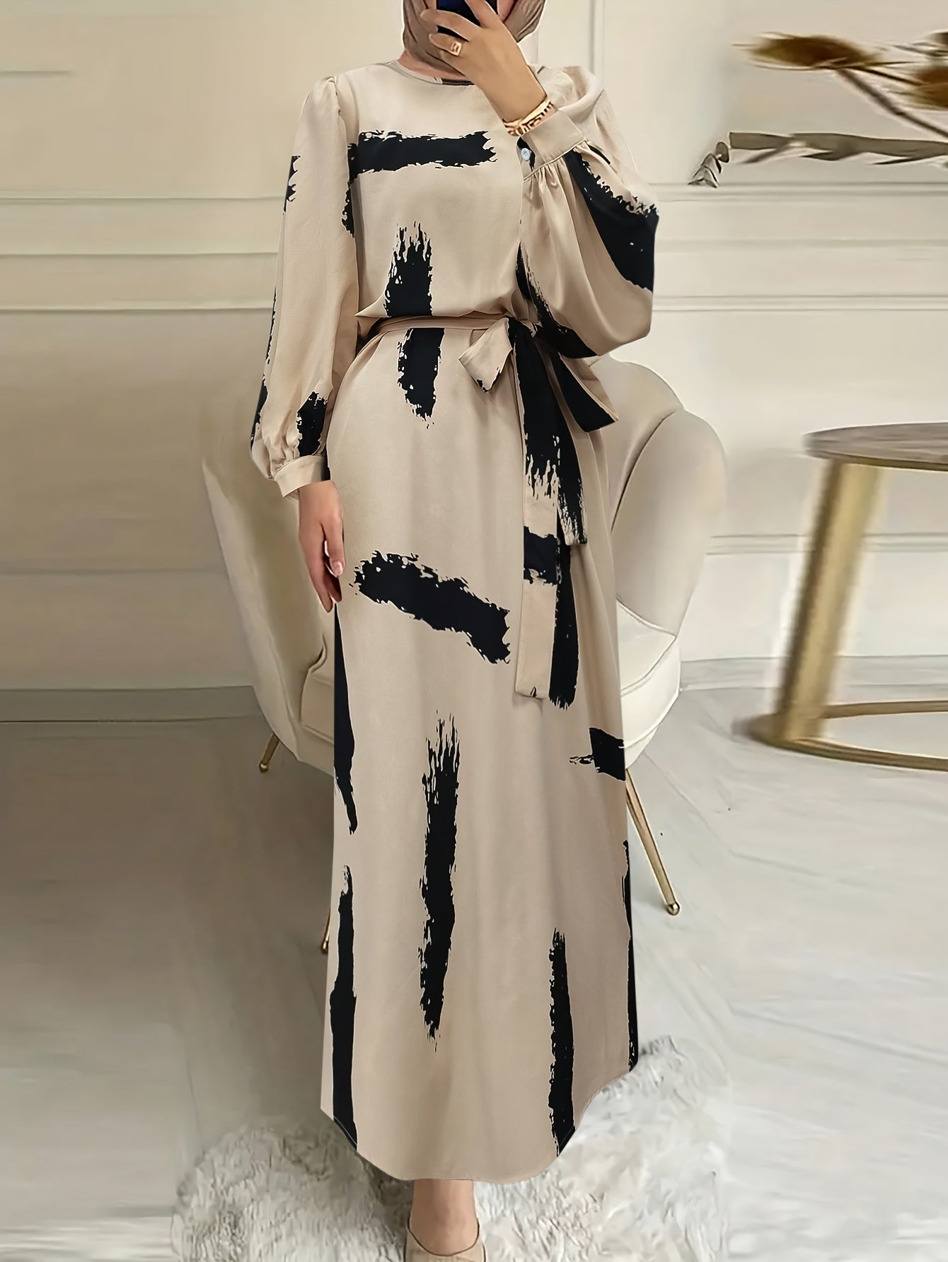 Women's Middle Eastern-Inspired Abaya Robe with Adjustable Waist Belt - Long Sleeve Full-Body Print, Machine Washable Lightweight Fabric, Beige & Black All-Season Modest Cover Dress, Modest Apparel, Flowy Silhouette