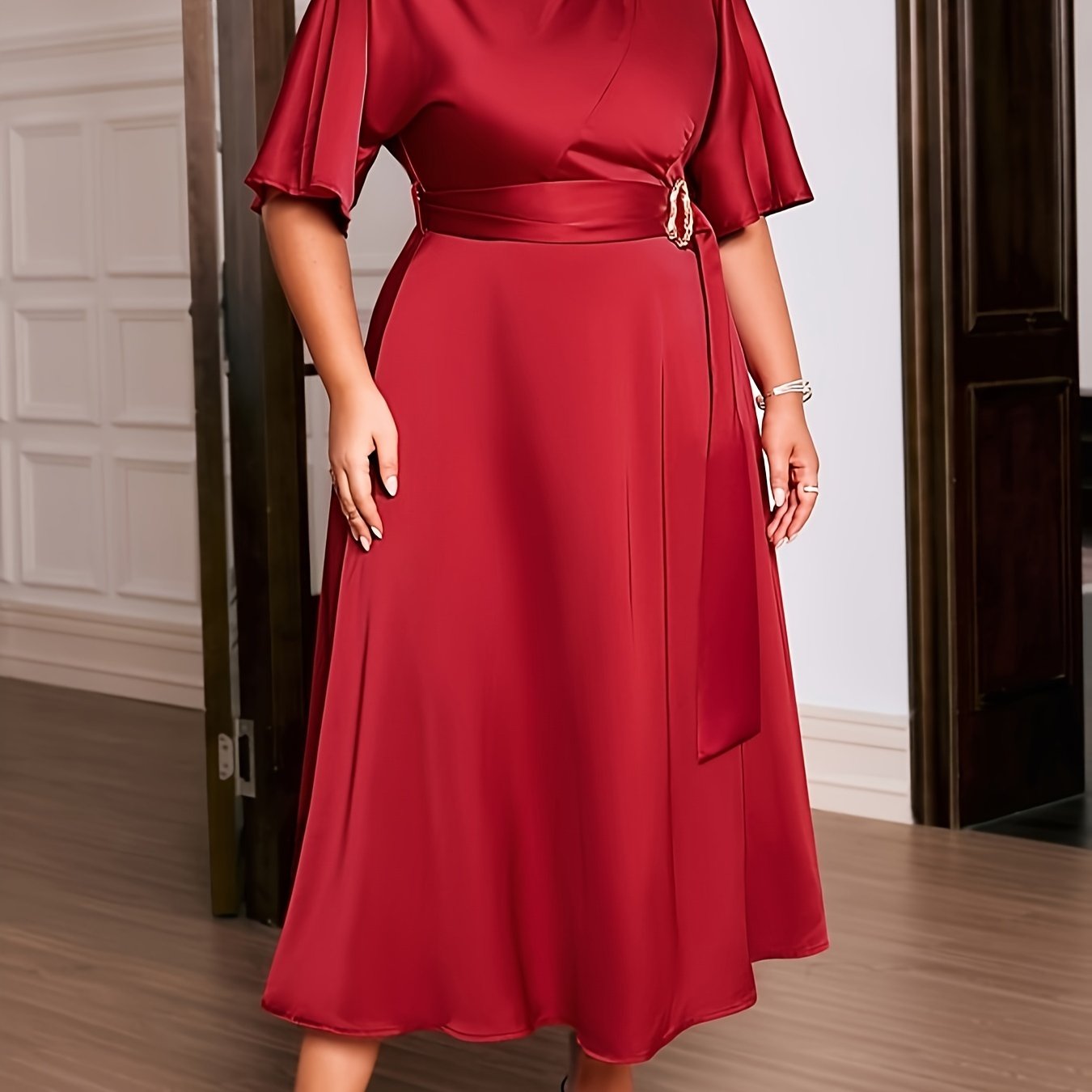 Plus Size Elegant Long Dress, Solid Color Polyester Spandex Blend Crew Neck Short Sleeve Fitted with Belt Detail