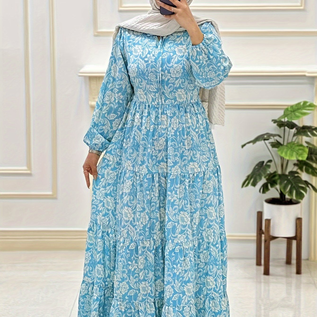 Floral Print Long Dress with Round Neck and Tie Detail - Woven Polyester, Adult Fit, All-Season Straight Dress