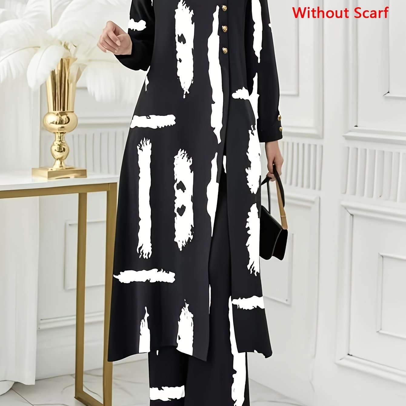 Ramadan, Women Button-Decorated Solid Color Long Sleeve Top & Pants Set, Arabic Style Clothing, Only Clothes, Without Headscarf