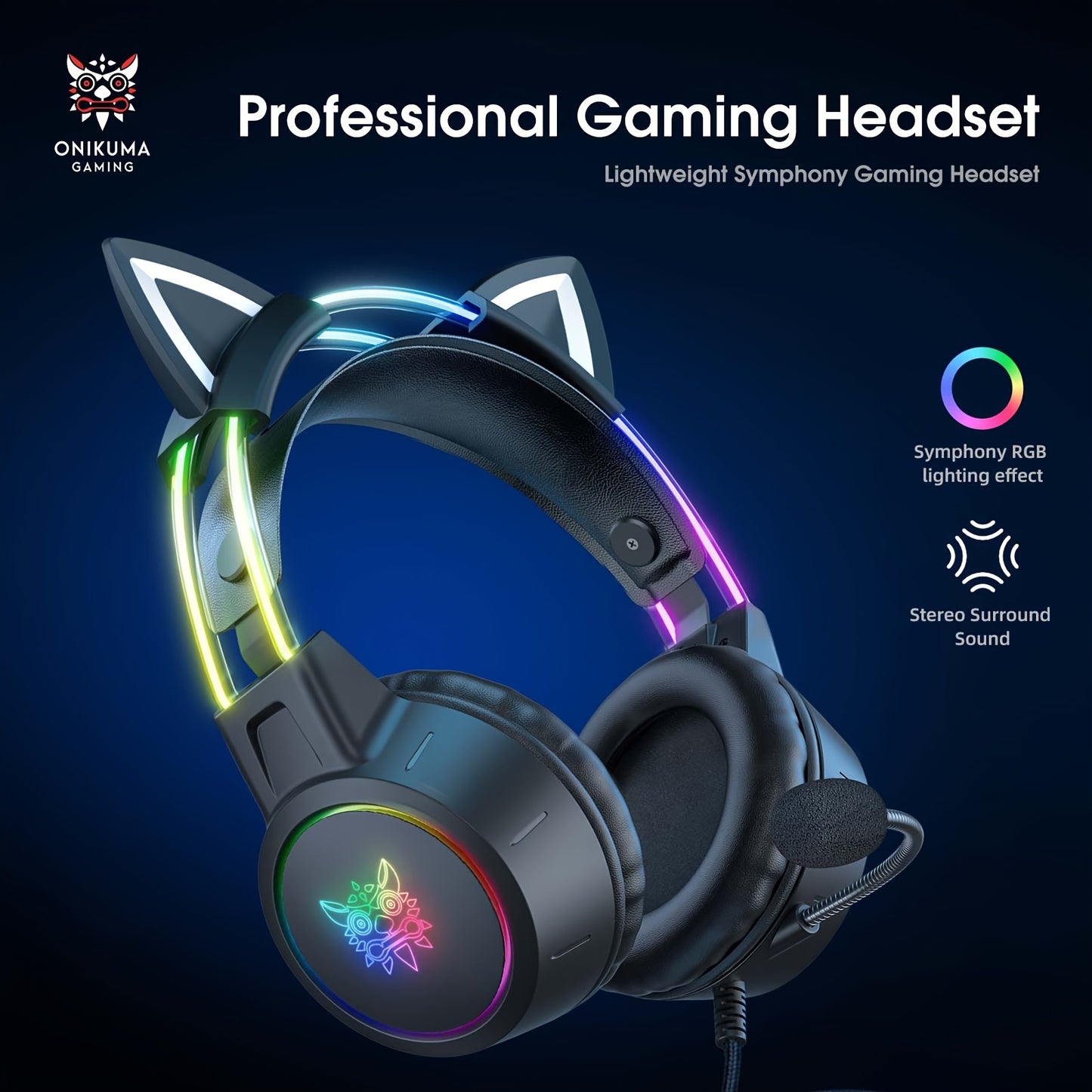 1pc ONIKUMA Wired Gaming Headset with Dynamic RGB Lighting, Detachable Cat Ear Design, 3.5mm Jack, Surround Sound, Mic Function - No Battery Required