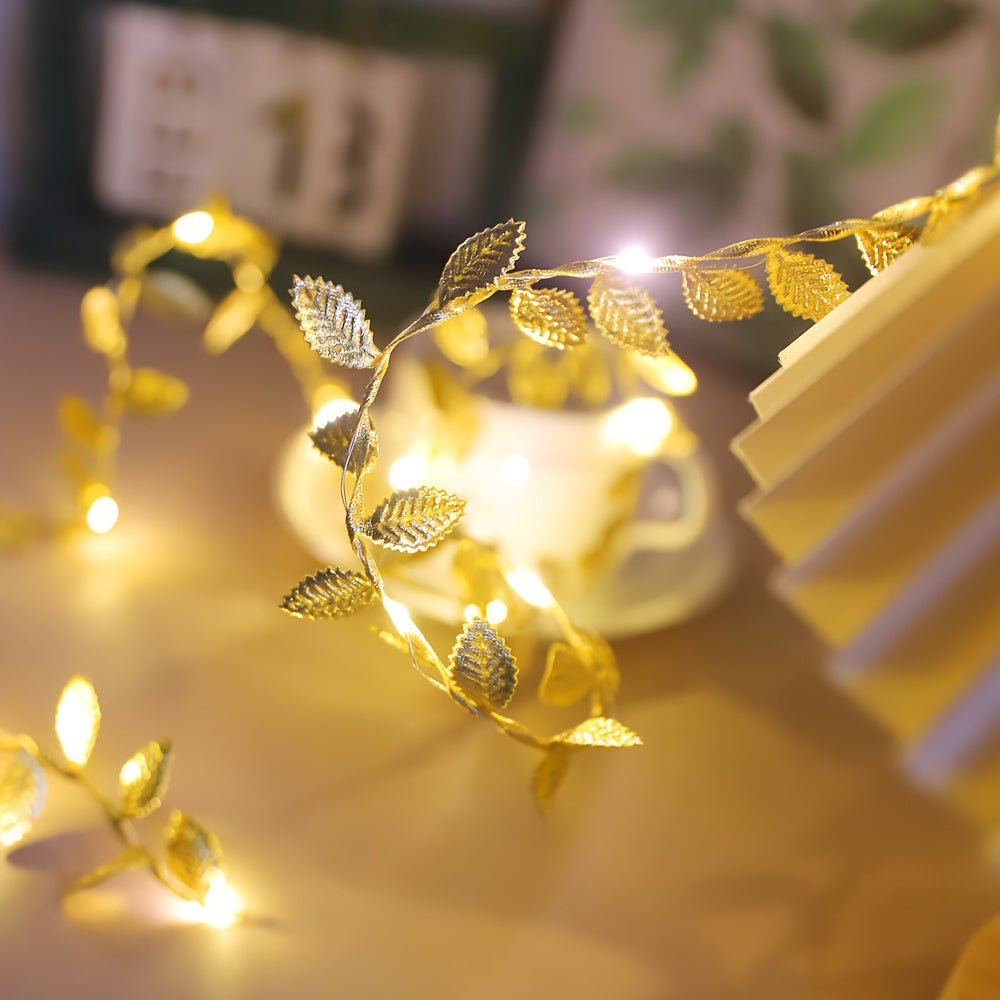 1pc Golden Leaf Wrap Copper Wire LED Decorative String Lights - Indoor Home Decor, Bedroom, Wedding, Christmas Holiday Decoration, 1/2/3M Long, Copper Wire, LED Lights, String Lights, Home Decorative Lighting