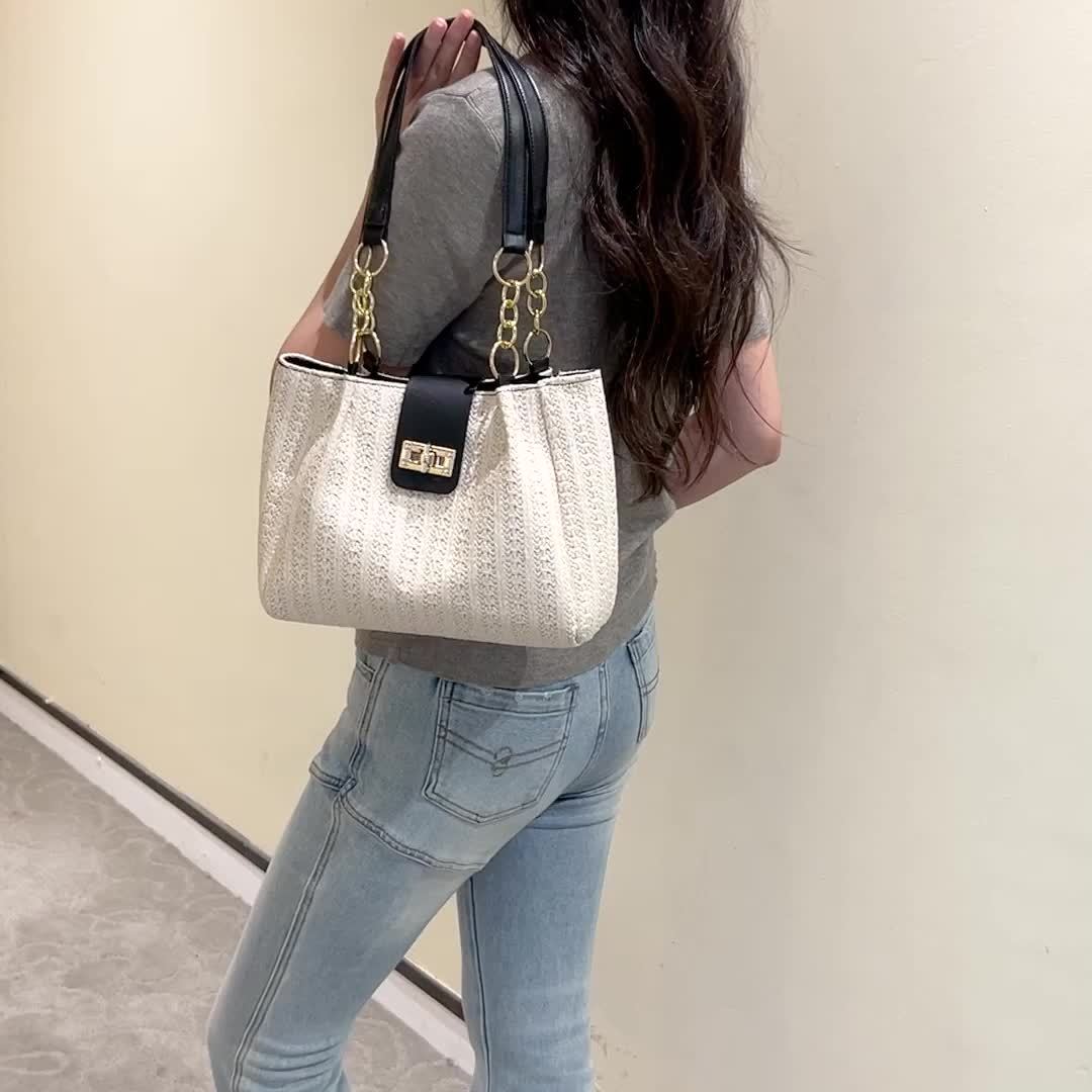 Women'S 2025 New Year Handwoven Straw Tote Bag - Black Accents, Honeycomb Pattern, Adjustable Shoulder Strap, Kiss Lock Closure, Machine Washable, Beach & Casual Style, Casual Tote Bag|Honeycomb Pattern Bag|Durable Handle Bag