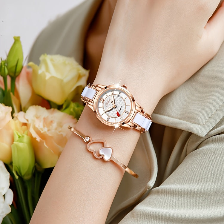 Luxury Ceramic Women's Watch with Rose Golden Case & White Dial - Quartz Movement, Date Display, Heart Accents - Elegant Valentine's Day Gift for Her, Date Feature Watch | Heart Motif Watch | Ceramic Strap Watch