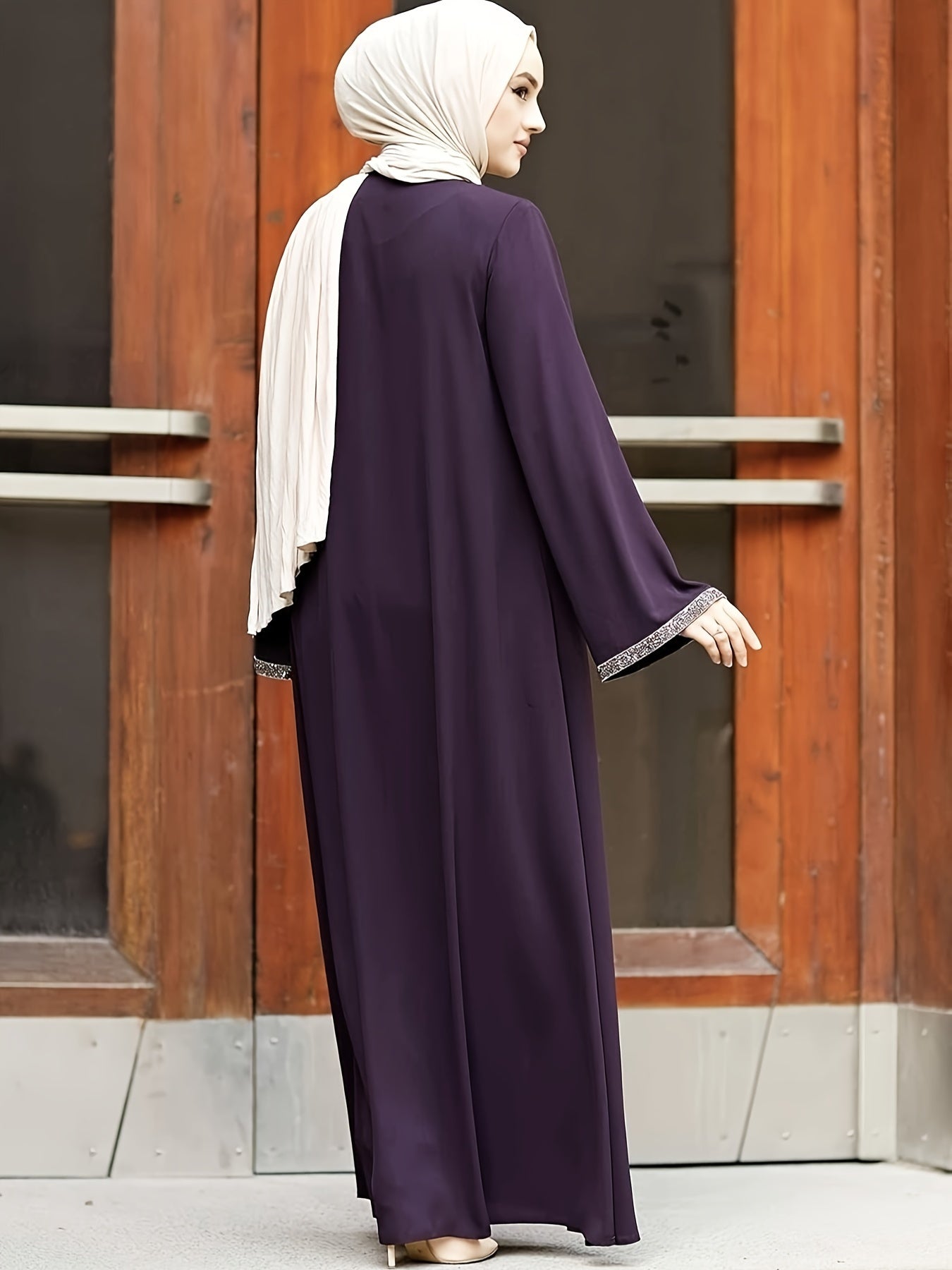 Middle Eastern Muslim Solid Color Zippered Tassel Round Neck Long Sleeve Sequined Women's Casual Abaya & No Headscarf