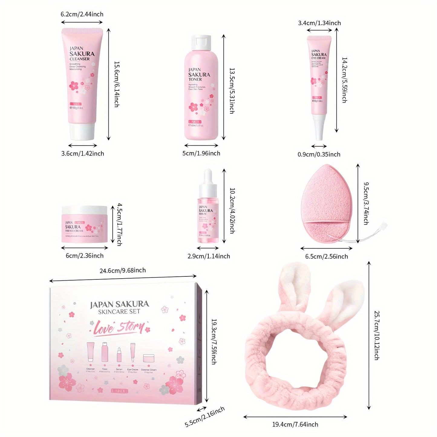 【7pcs Skin Care Set: Toner 5.41oz; Essence 1.01oz; Facial Cleanser 100g; Face Cream 50g; Eye Cream 30g; Hairband; Cleansing Sponge】LAIKOU JAPAN SAKURA SKINCARE SET With Hairband And Cleansing Sponge