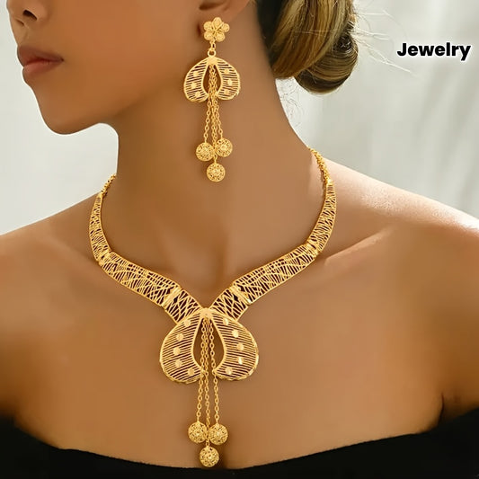 2025 New Bohemian 2pcs Hollow Flower Tassel Earrings and Necklace Elegant Ladies Jewelry Set, Perfect for Dubai Bridal Wedding Anniversary Gift, Valentine's Day, Christmas Eid, Daily Present for Wife, Family, Girlfriend