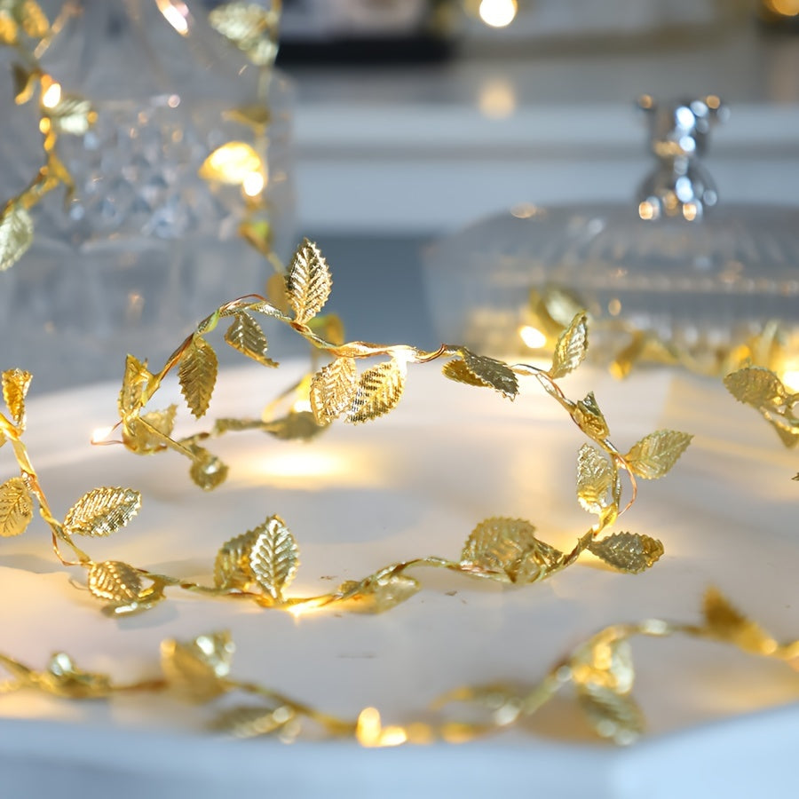 1pc Golden Leaf Wrap Copper Wire LED Decorative String Lights - Indoor Home Decor, Bedroom, Wedding, Christmas Holiday Decoration, 1/2/3M Long, Copper Wire, LED Lights, String Lights, Home Decorative Lighting