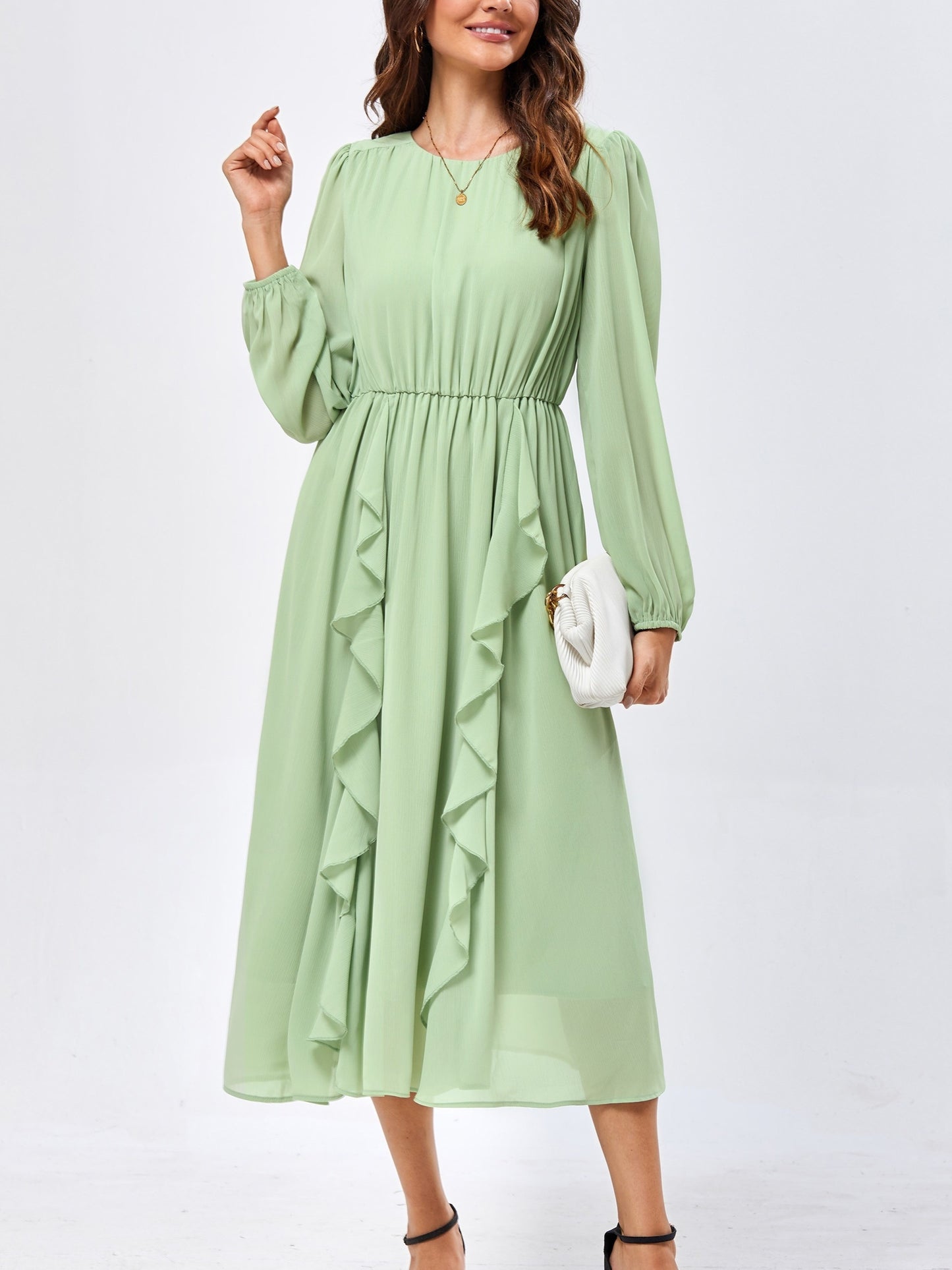 Womens Long Sleeve Wedding Guest Dresses Flowy Chiffon Ruffled A Line Midi Dresses 2024 Fall Casual Long Dress
