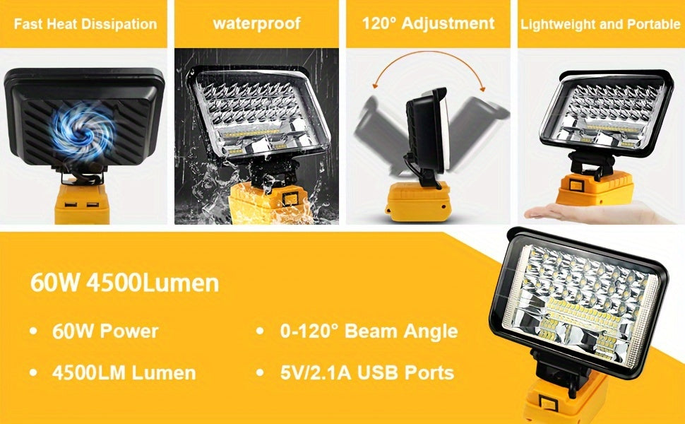 LED Work Light For DeWALT 20V MAX Battery, 90W 5400LM/60W 4500LM/48W 3800LM LED Flood Light For Outdoor, Camping, Car Repairing, Emergency And Job Site Lighting