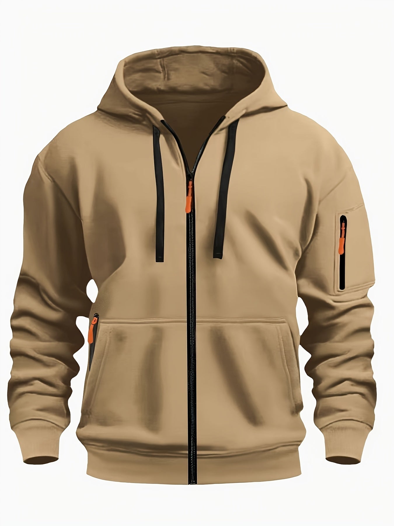 Men's Sporty Zip-Up Hoodie Jacket - Vibrant Orange with Black Zipper Accents, Polyester-Lined Comfort, Machine Washable Regular Fit for Autumn Winter Casual Outdoor Wear, Autumn Apparel
