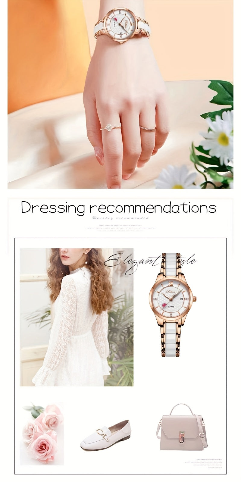 Luxury Ceramic Women's Watch with Rose Golden Case & White Dial - Quartz Movement, Date Display, Heart Accents - Elegant Valentine's Day Gift for Her, Date Feature Watch | Heart Motif Watch | Ceramic Strap Watch