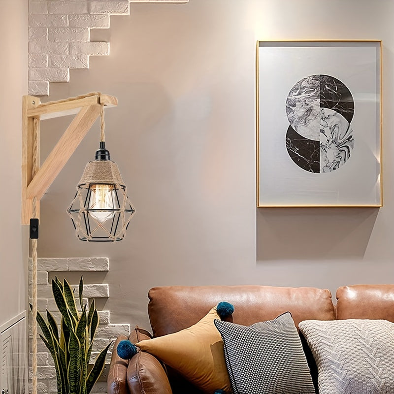 1PC Rustic Farmhouse Wall Lamp with Wood Shelf Bracket - Plug In Wall Sconces with Switch Cord for Living Room, Bedroom - Easy Installation, Space-Saving Design, and Versatile Lighting Solution (Not Include Bulb)