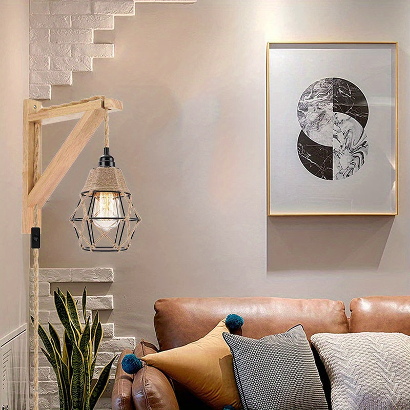 1PC Rustic Farmhouse Wall Lamp with Wood Shelf Bracket - Plug In Wall Sconces with Switch Cord for Living Room, Bedroom - Easy Installation, Space-Saving Design, and Versatile Lighting Solution (Not Include Bulb)