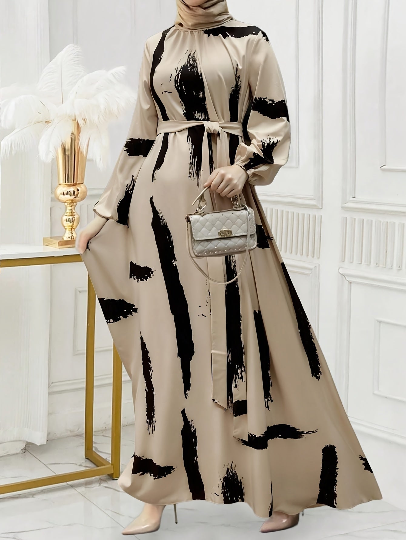 Women's Middle Eastern Ramadan Dress - Elegant Beige & black Islamic Formal attire with Tie Waist Belt, Long Sleeve Non-Stretch Dress for Ramadan, Weddings, Cultural Events - Machine Washable Modest Outfit, Muslim Dress, Reli
