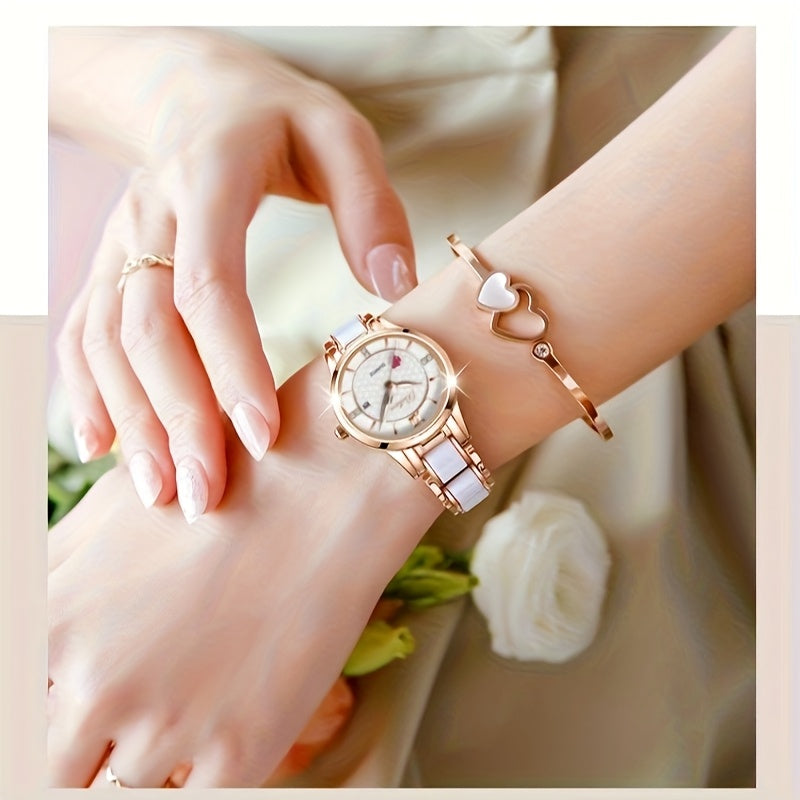 Luxury Ceramic Women's Watch with Rose Golden Case & White Dial - Quartz Movement, Date Display, Heart Accents - Elegant Valentine's Day Gift for Her, Date Feature Watch | Heart Motif Watch | Ceramic Strap Watch