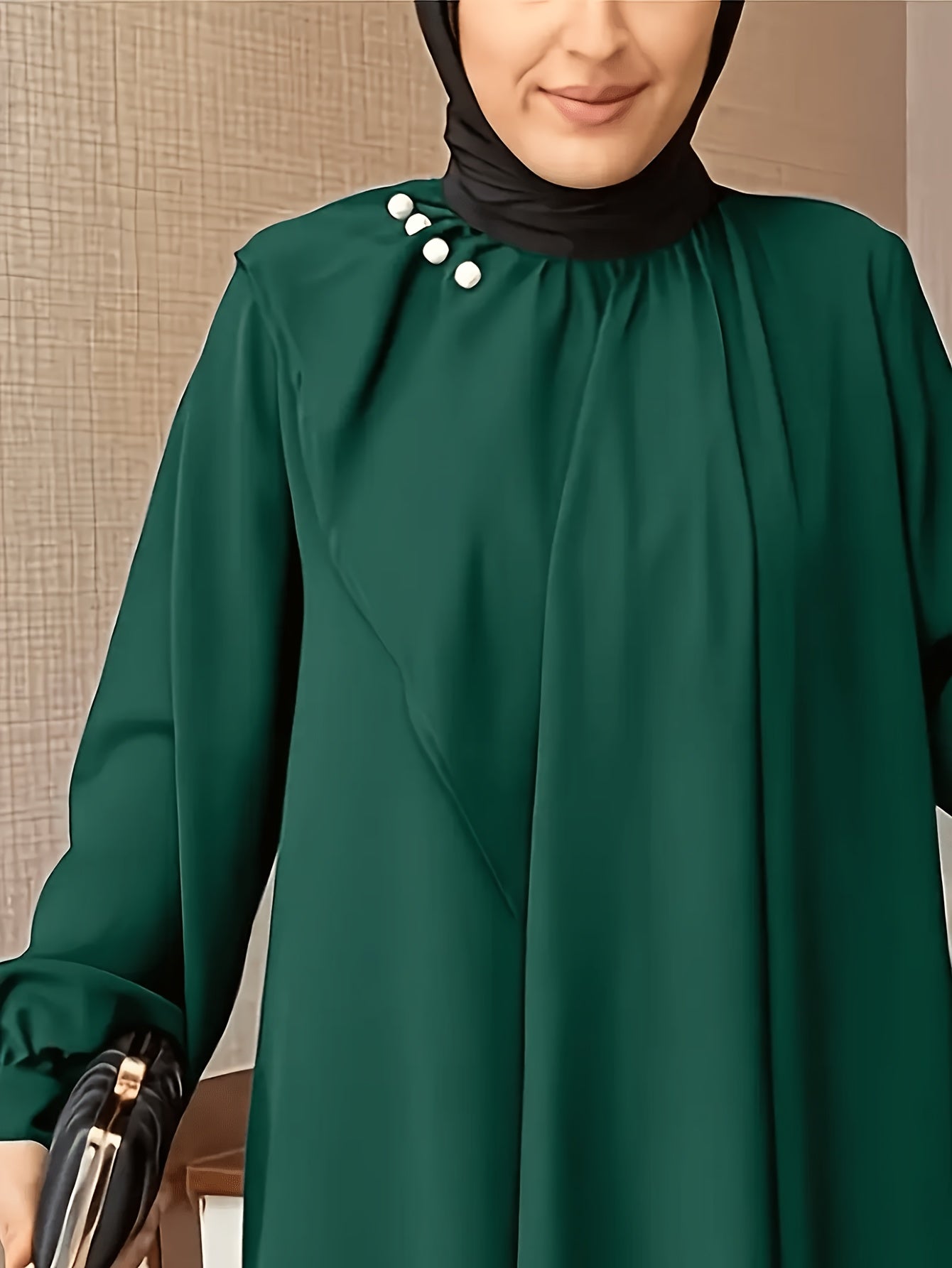 Elegant Green Long Skirt Dress for Women - Loose Fit, Round Neck, Lantern Sleeves, Embellished with Pearls, Perfect for Casual or Formal Occasions, Casual Elegant Wear | Embellished Dress | Flowing Skirt