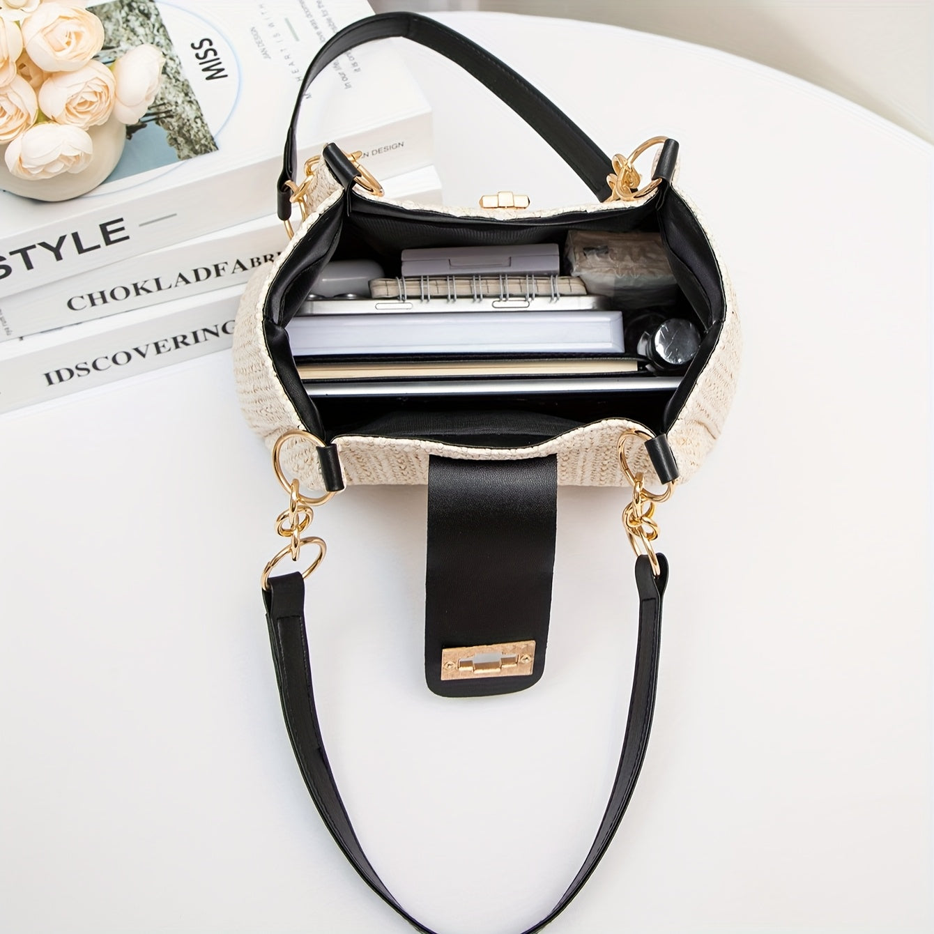 Women'S 2025 New Year Handwoven Straw Tote Bag - Black Accents, Honeycomb Pattern, Adjustable Shoulder Strap, Kiss Lock Closure, Machine Washable, Beach & Casual Style, Casual Tote Bag|Honeycomb Pattern Bag|Durable Handle Bag