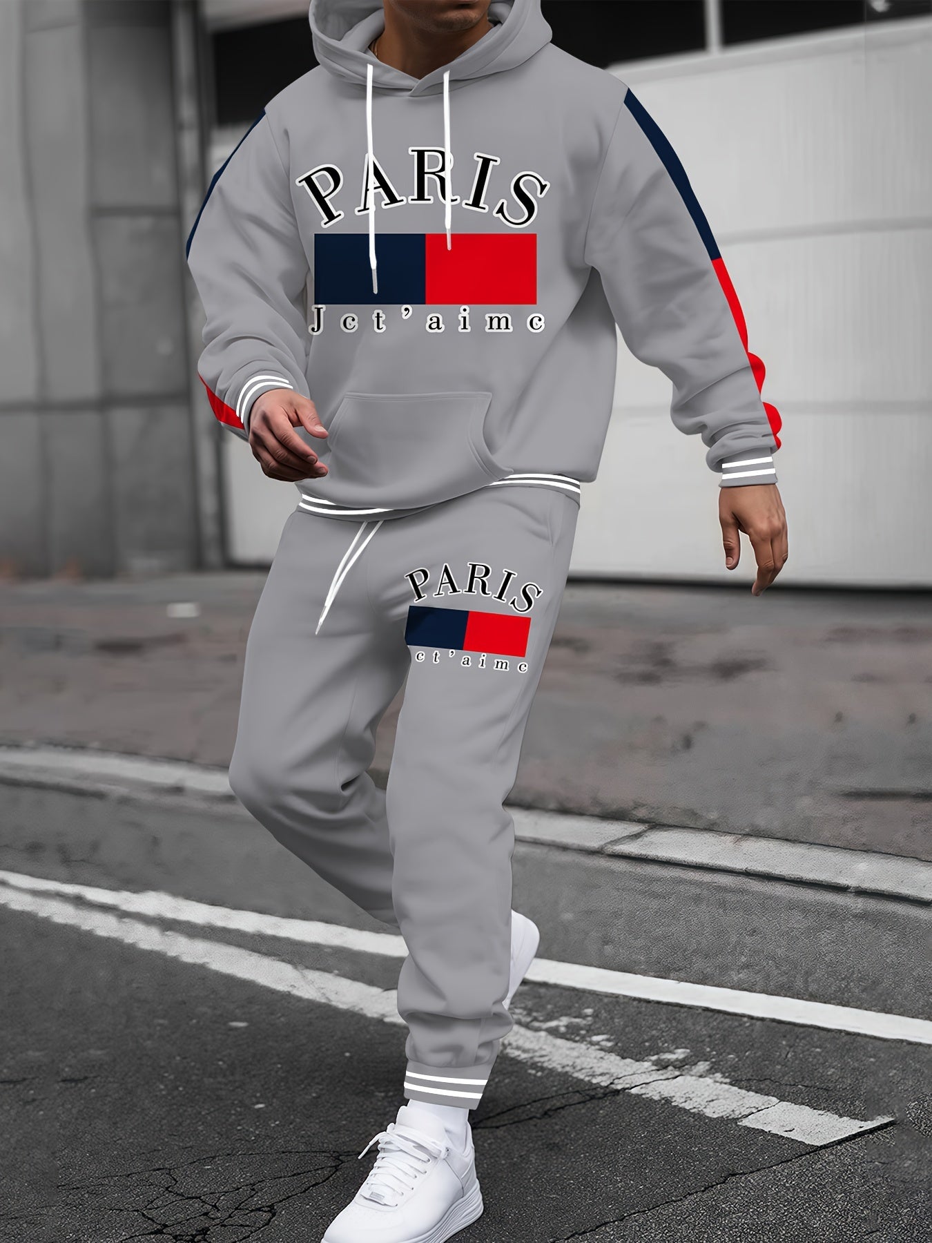 Grey full body printed pullover hoodie+casual pants for men and women couple set with letter and color stripe design digital printing long sleeved hooded sweatshirt casual pants Men's set 2pcs factory direct sales