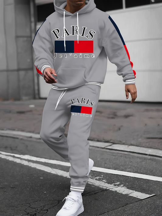 Grey full body printed pullover hoodie+casual pants for men and women couple set with letter and color stripe design digital printing long sleeved hooded sweatshirt casual pants Men's set 2pcs factory direct sales